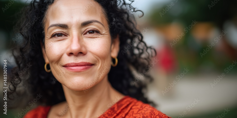 Obraz premium Confident mature hispanic female smiling outdoors in vibrant setting