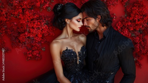 Loving couple against red floral wall, in black formal wear, faces close together in intimate moment