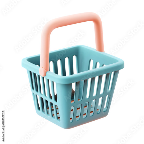 Light teal colored plastic shopping basket with a peach-colored handle. The basket has a square shape with visible compartments.