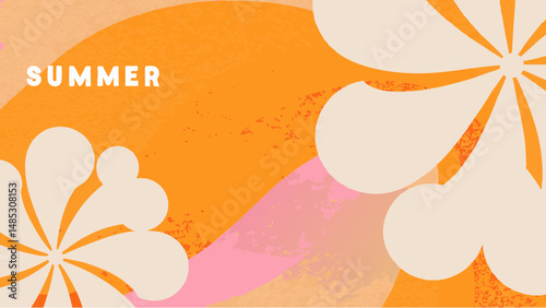 Retro summer themed background with orange waves and stylized white flowers and the word summer on top
