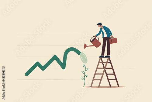 Growing investment from loss or recession, stimulate or boost profit and earning from stock market crisis or downturn concept, businessman investor watering fall down graph and chart to make it grow.