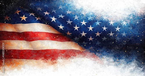 Abstract artistic representation of the American flag with red and white stripes and white stars on a blue background blending into white space