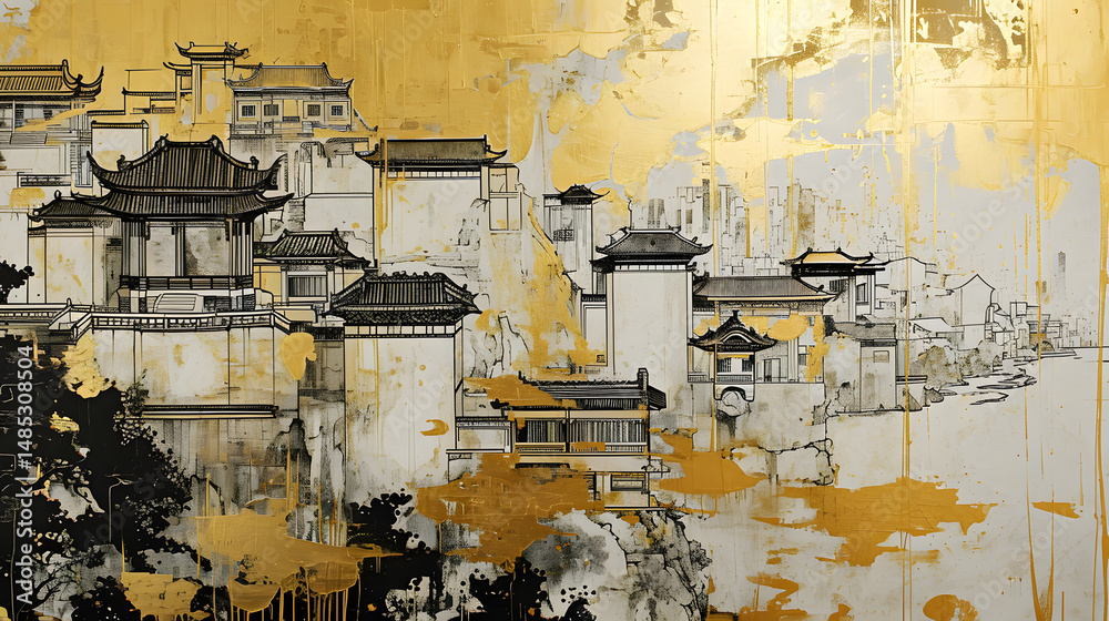 Fototapeta premium Gold black and white traditional city architecture art illustration abstract background decorative painting