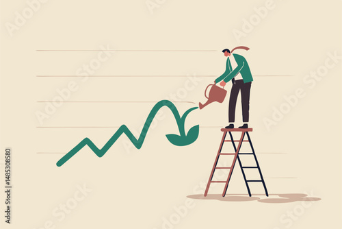 Growing investment from loss or recession, stimulate or boost profit and earning from stock market crisis or downturn concept, businessman investor watering fall down graph and chart to make it grow.