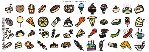 Colorful Hand drawn illustrations of fast food, pastry, desserts, and sweets. Doodle of meat, chicken, fries, kebab, dimsum, pizza, ice cream, donut, cake, fried food, chips, taco, kebab, sushi. 