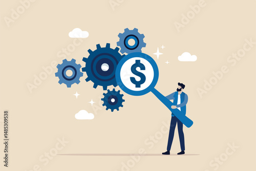 Cost effective, reduce cost and time to maximize better quality result, optimize cost and expense for better profit strategy concept, businessman with magnifier dollar money from cog gear production.