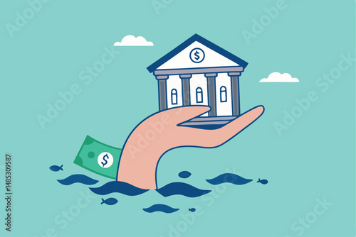 Government bailout to help support bank from bankruptcy to prevent banking downfall by injection, buy bonds to pay for loan and obligation concept, government hand help holding bank from risky ocean.
