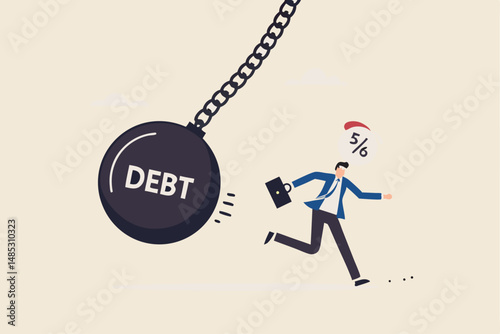 Debt problem, obligation or financial loan crisis, liability or credit failure, no money to pay for debt, mortgage default concept, business man run away from heavy wrecking ball with the word debt.