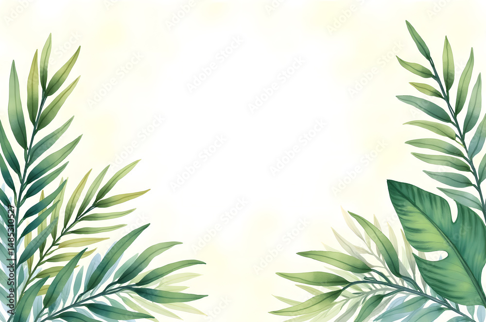 Obraz premium green tropical leaves with yellow flowers background.floral line frame, luxury leaves plant border. Wedding elegant card, nature royal garden.generative ai