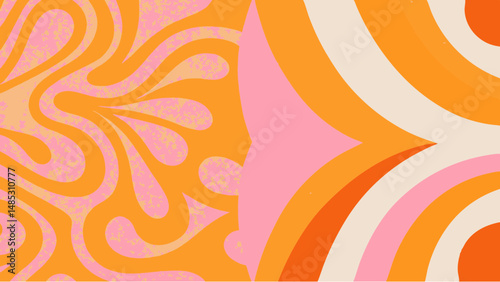Abstract background with orange swirls and retro style curves in pink and cream colors design pattern