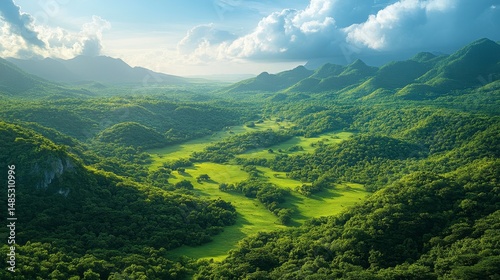 Lush, hilly terrain with sunny, bright meadow valleys under a partly cloudy sky
