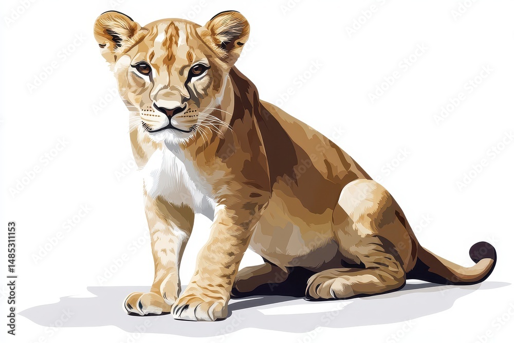Obraz premium Realistic Illustration of a Lioness Sitting Gracefully on White Background