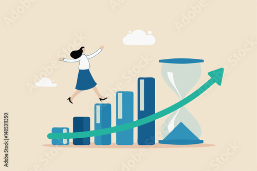 Time value of money, long term investment, compound growth or success growing business, make profit or investment gain concept, woman walk up growth rising up graph with sandglass metaphor of time.