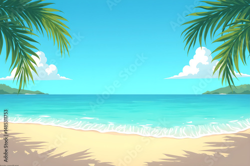 Serene tropical Beach. Pristine beach with turquoise waters and palm trees under a bright blue sky.generative ai