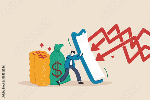 Financial security, money loss or wealth protection, defense from cyber attack or economic recession concept, strong businessman holding shield to protect from red arrow attacking financial security.