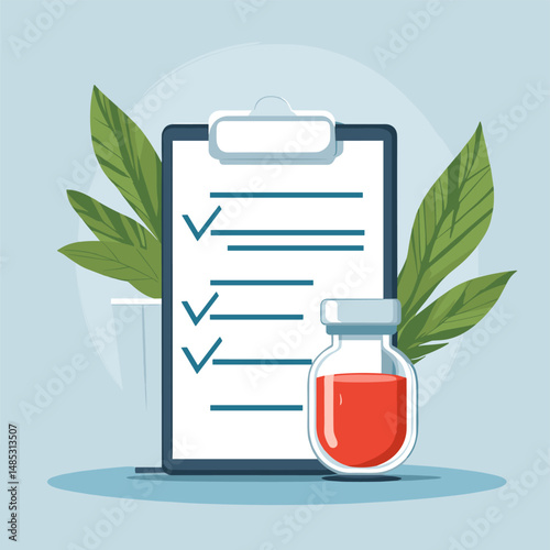 Medical checklist with test results and patient medical information. Health condition. Blood test result. Flat vector illustration