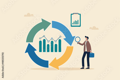 Economic cycle to study up and down on stock market, booming or recession, business cycle for marketing, statistic or data analysis concept, businessman with magnifier on economic cycle diagram.