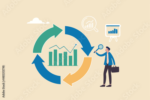 Economic cycle to study up and down on stock market, booming or recession, business cycle for marketing, statistic or data analysis concept, businessman with magnifier on economic cycle diagram.