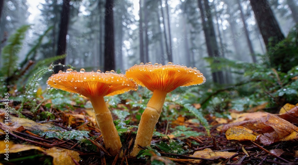 Two vibrant orange mushrooms in a misty forest (4) Two vibrant orange mushrooms in a misty forest (4)