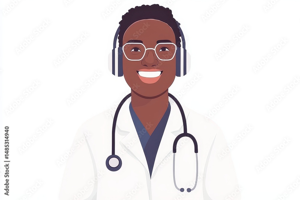 Fototapeta premium Smiling Doctor with Headphones and Stethoscope in White Coat