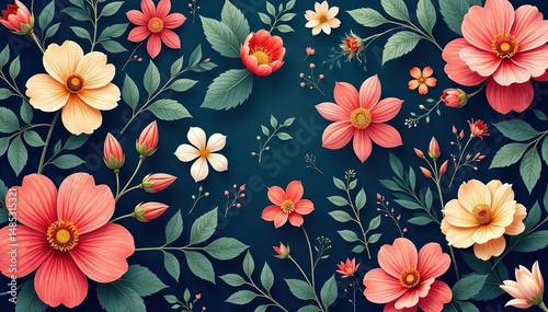 Intricate floral design with delicate leaves and blossoms, creating a continuous pattern , feminine, nature, elegant