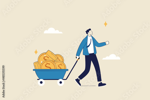 Success investor, rich man making money from business or investment, income and revenue, budget, saving or profit concept, rich and successful businessman with load of money golden coin in cart.