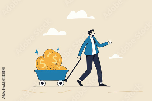 Success investor, rich man making money from business or investment, income and revenue, budget, saving or profit concept, rich and successful businessman with load of money golden coin in cart.