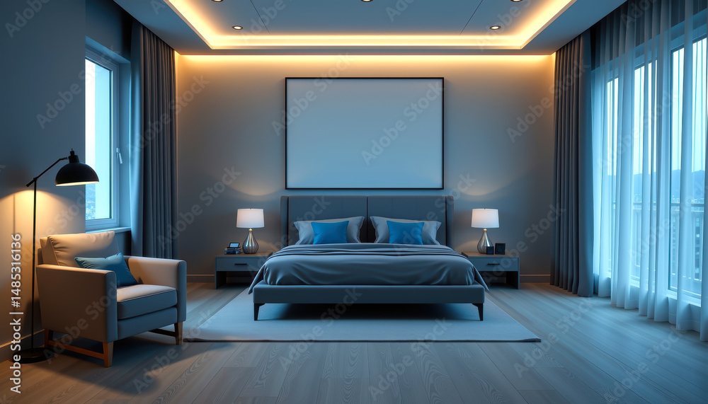 Fototapeta premium Modern Bedroom Interior with Blue Accents