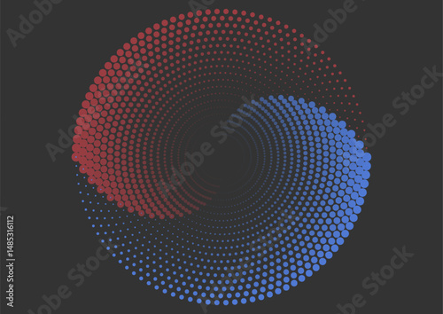 Blue and red circular spiral halftone dots abstract dynamic minimal background. Geometric vector design