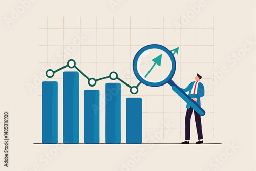 Trend analysis, marketing and sales information, analyze or predict trend line or profit, business forecast report concept, businessman analyst analyze trend graph and chart with magnifying glass.