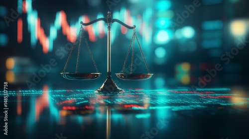 Scales of justice on digital background with stock market graphs.