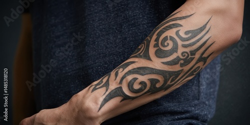 Intricate tribal tattoo design on forearm.