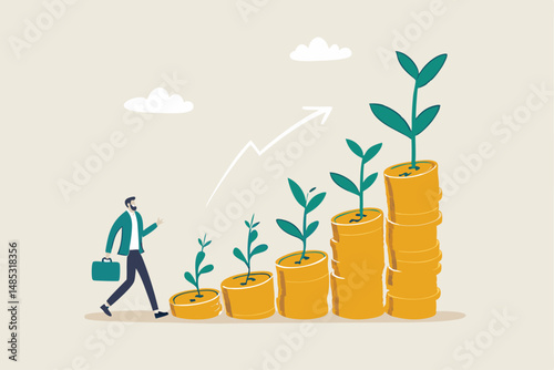 Saving growth, growing investment or earning profit, mutual fund, wealth accumulation or compound interest, pension fund prosperity concept, businessman watering growing coin stack seedling growth.