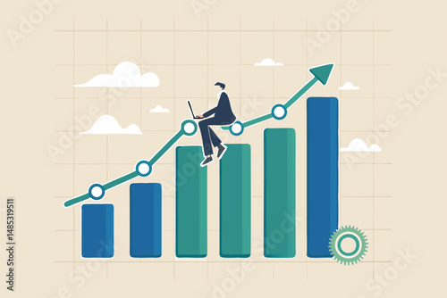 Work improvement, increase performance or growing business, make profit or earn more income, efficiency or productivity concept, businessman working with laptop on improvement data chart and graph.