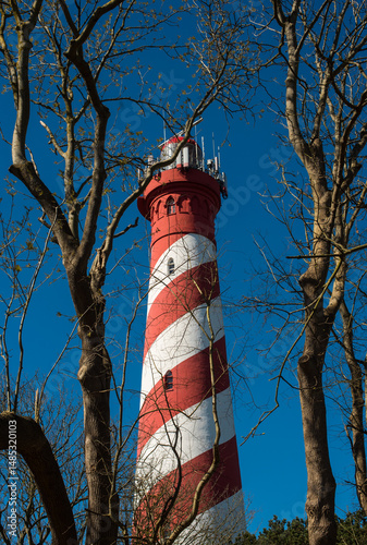 Red and white striped lighthouse among trees