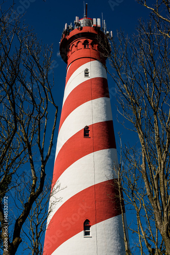 Red and white striped lighthouse among trees