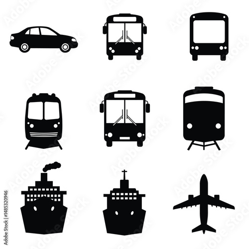 Transport Vector Icon set. Contains such Icons as Taxi, Train, Tram, Airplane, car, Public bus, Ship/Ferry, bicycle, motorcycle and more.