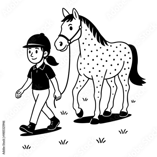 Young girl leading a spotted horse on a Rope while walking outdoors in a cartoon black and white style