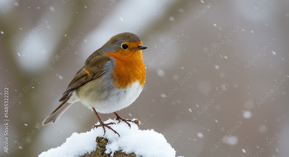 Robin perched on snowy branch Robin perched on snowy branch