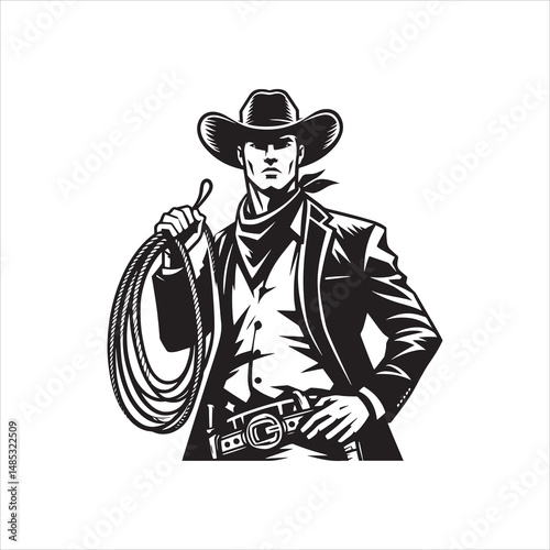 Cowboy with Lasso Standing Pose – Western Black and White Line Art