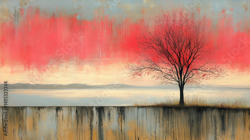 Abstract depiction of a lonely tree in vibrant hues against a tranquil landscape