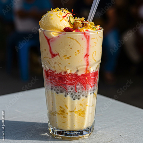  Colorful falooda dessert with ice cream, sabja seeds, and dry fruits served for Eid ul Adha, a traditional and refreshing festive sweet ideal for Islamic celebrations
