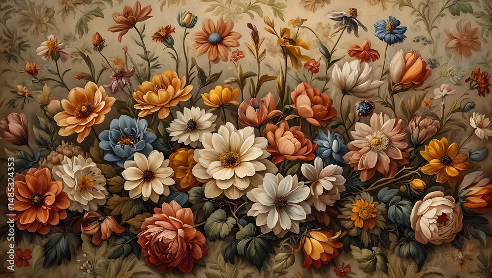 Fototapeta premium Renaissance Oil Painting of Autumn Flowers Bouquet with Ornate Floral Background and Classical Brushwork