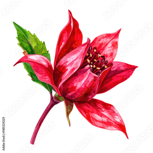Stunning Watercolor Illustration of Isolated Roselle Fruit with Vivid Red Petals on White Background