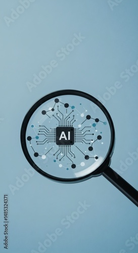 Ai technology research and development concept with magnifying glass and circuit board design