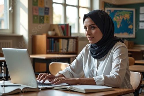 Wallpaper Mural Middle Eastern Female Educator, 40s, Utilizing AI Platform for Personalized Learning Support for Students with Disabilities in Educational Setting Torontodigital.ca