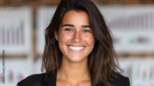 Confident young businesswoman smiling brightly against a backdrop of professional data charts embodying success and positivity in a dynamic corporate environment Free Download Confident young businesswoman smiling brightly against a backdrop of professional data charts embodying success and positivity in a dynamic corporate environment - GFXLoad