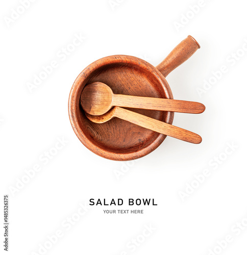 Wooden empty bowl and spoon photography isolated on white background.