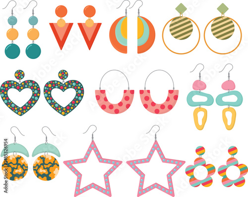 Big set of female earrings of various shapes and colors. Accessories for ears isolated on white background