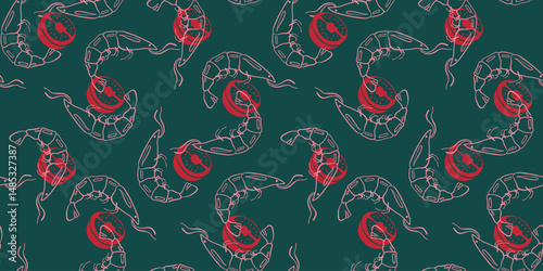 Italian food seamless pattern with shrimps and tomato. Trendy hand drawn graphic. Background of mediterranean eat. Vector illustration.